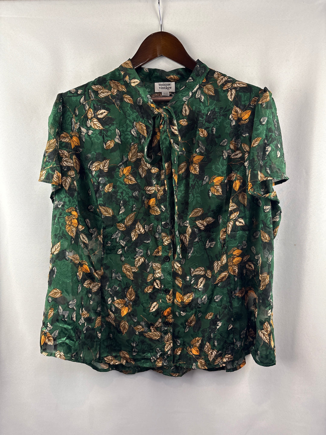 Women’s Unique Vintage 3X Sheer Green Floral Button Up Blouse