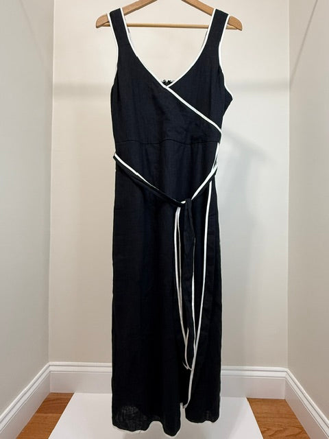 1901 Linen Blend Wrap Style Maxi Dress Black White Trim SzL