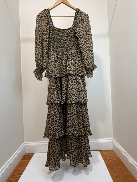 Entro Leopard Print Smocked Tiered Midi Dress SzL