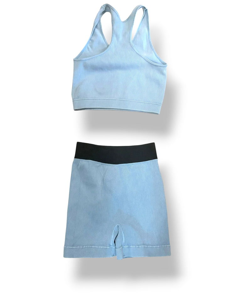 Light Blue Ribbed Sports Bra Biker Shorts Matching Workout Set L/XL