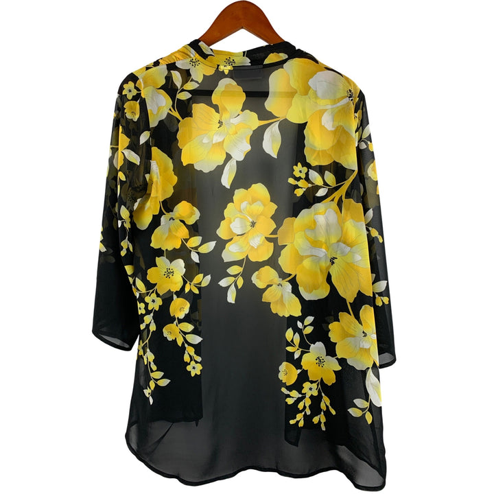 Susan Graver Sheer Floral Kimono Cardigan Jacket XS Black & Yellow