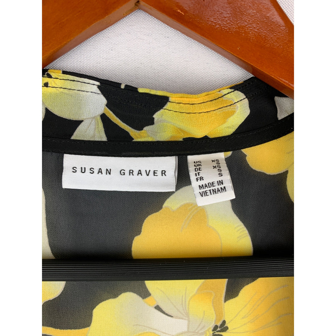 Susan Graver Sheer Floral Kimono Cardigan Jacket XS Black & Yellow