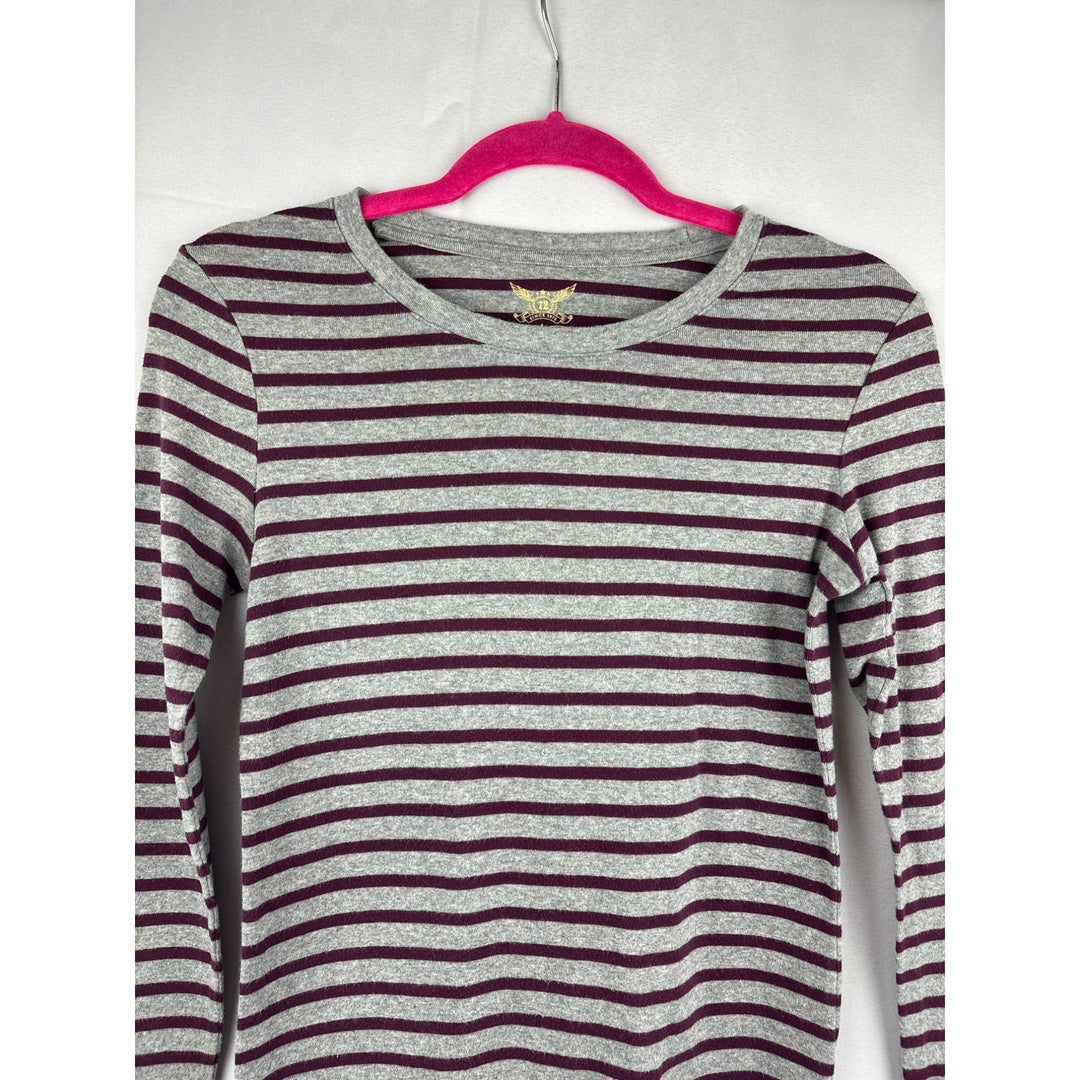 Faded Glory Womens Striped Long Sleeve Top S (4/6) Cotton/Spandex Gray & Burgundy