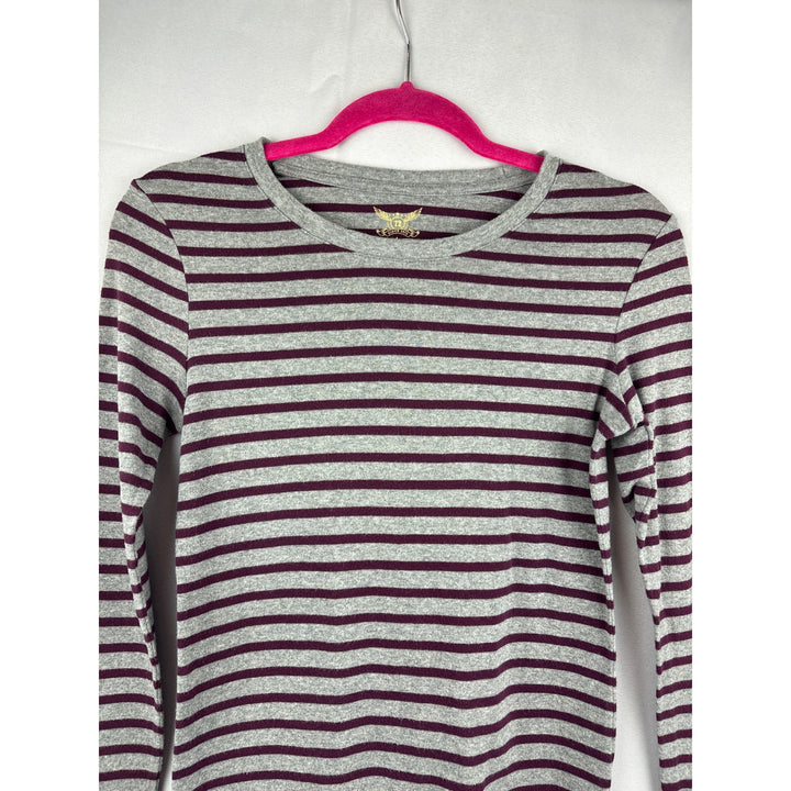 Faded Glory Womens Striped Long Sleeve Top S (4/6) Cotton/Spandex Gray & Burgundy