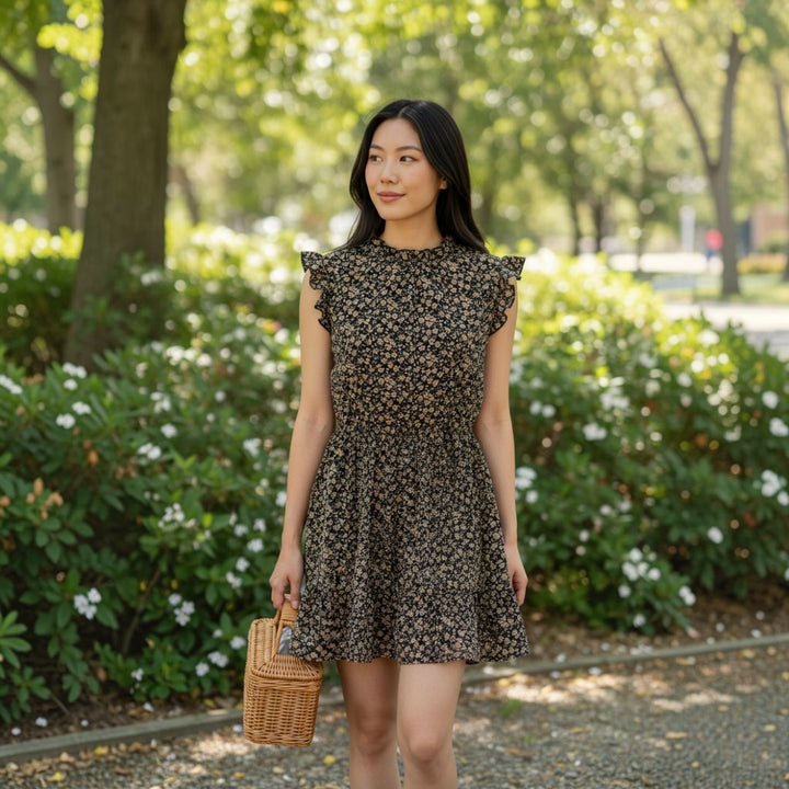 Cupshe Black Floral Ruffle Sleeve Women's Mini Dress Size M