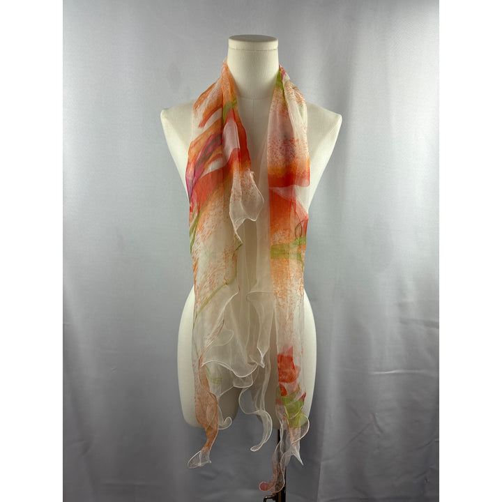 Women’s 100% Silk Orange, White, & Green Ruffled Scarf
