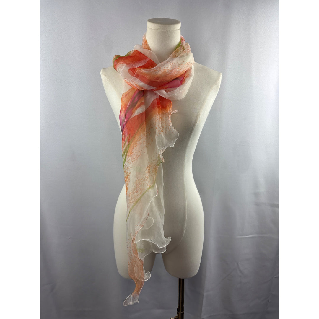 Women’s 100% Silk Orange, White, & Green Ruffled Scarf