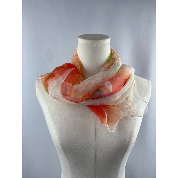 Women’s 100% Silk Orange, White, & Green Ruffled Scarf
