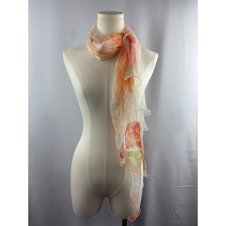 Women’s 100% Silk Orange, White, & Green Ruffled Scarf
