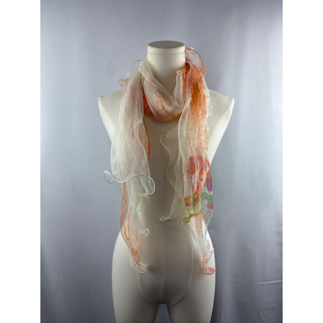 Women’s 100% Silk Orange, White, & Green Ruffled Scarf