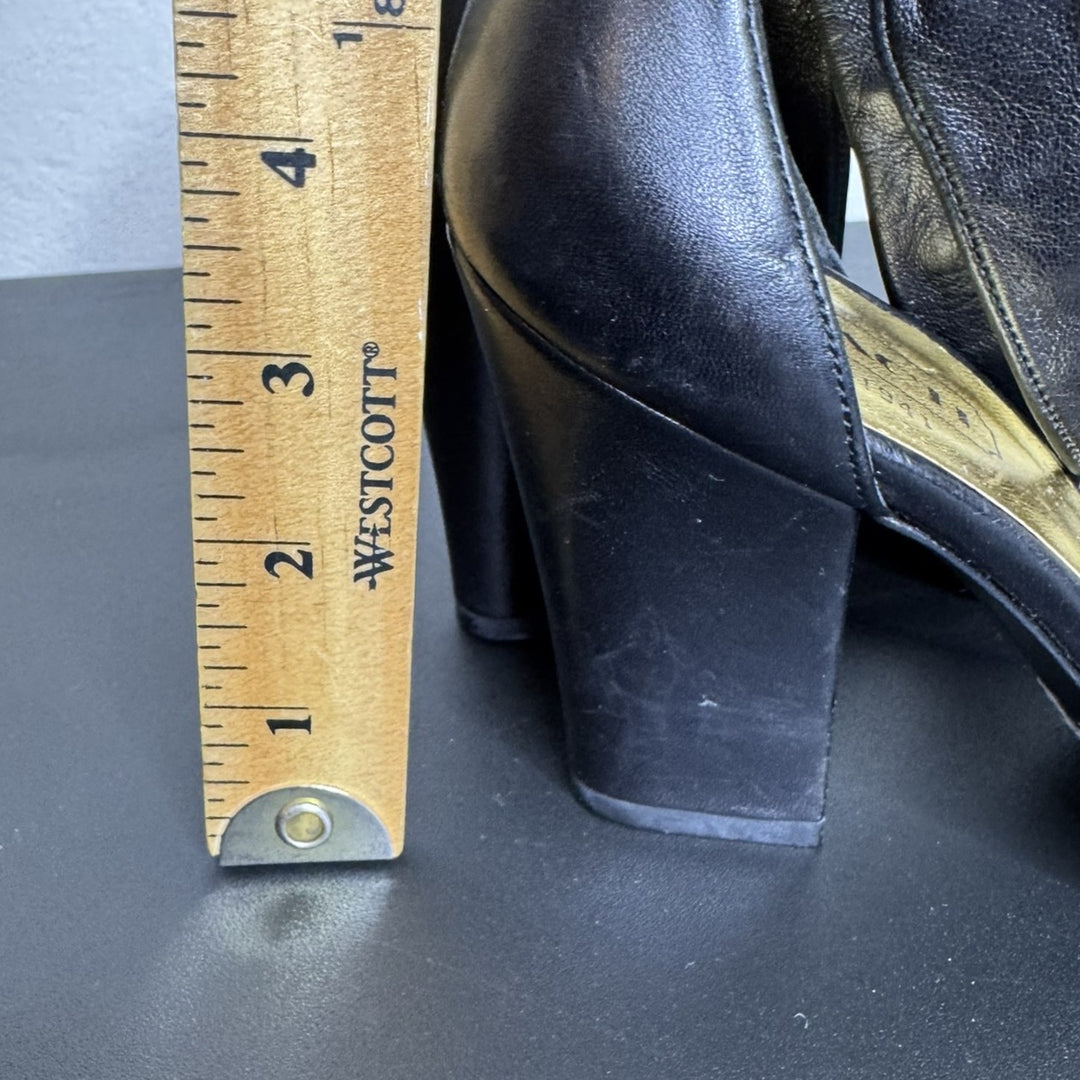 Coach Black Leather Peep-Toe Heels, Ankle Tie, 3.5" Block Heel, Size 6B