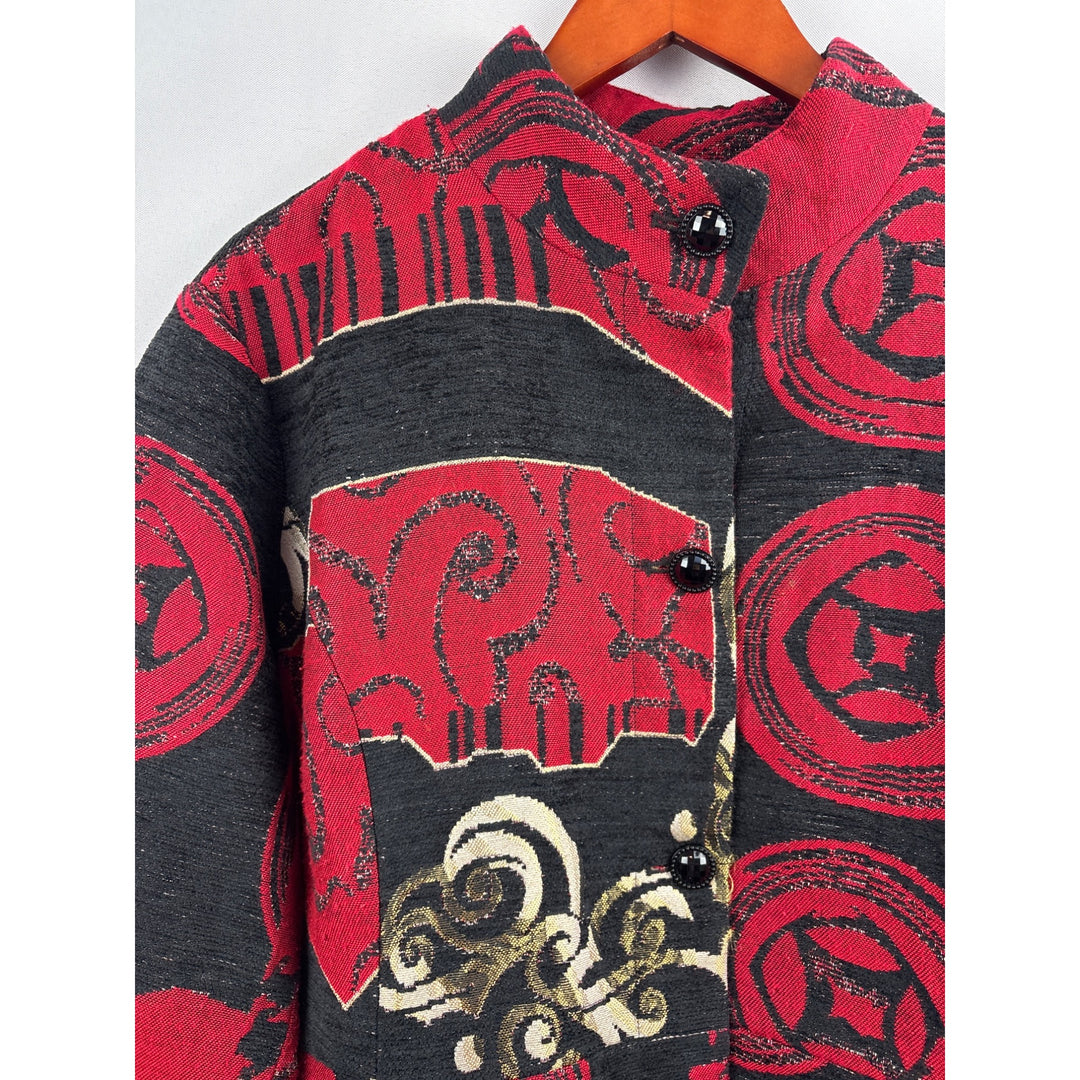 Women’s Chico’s Size 2XL Red, Black, & Cream Patterned Overcoat