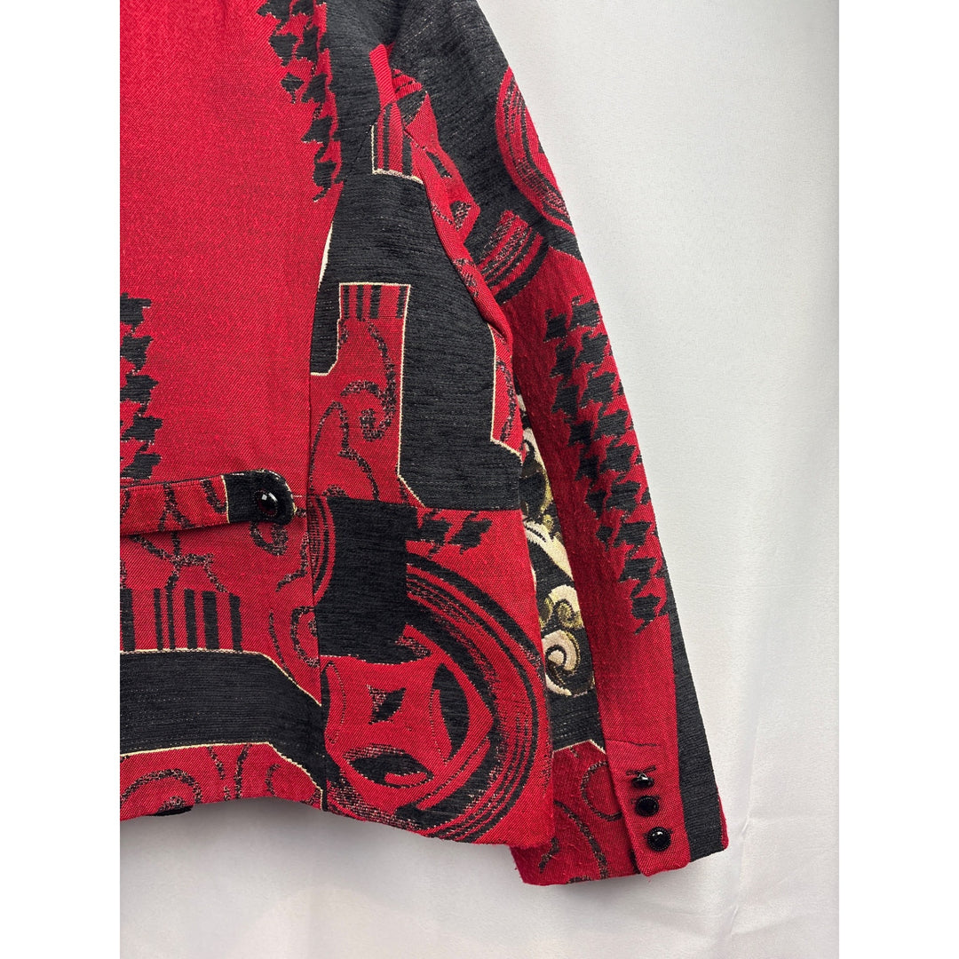 Women’s Chico’s Size 2XL Red, Black, & Cream Patterned Overcoat