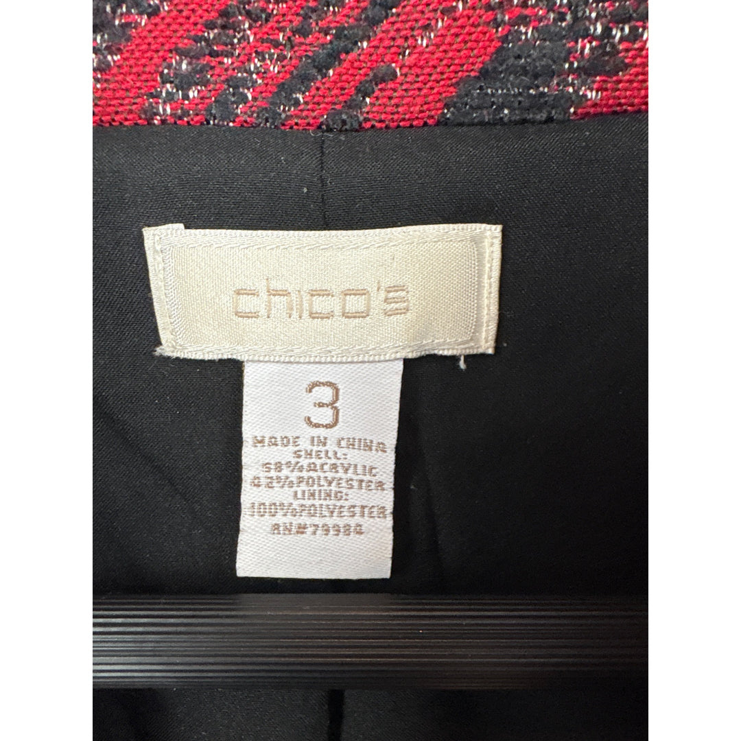 Women’s Chico’s Size 2XL Red, Black, & Cream Patterned Overcoat