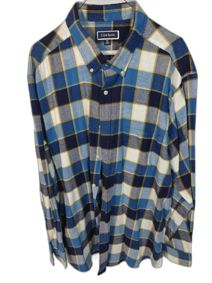 Club Room Men's XXL Plaid Flannel Shirt Button Down Long Sleeve Cotton Yellow Blue