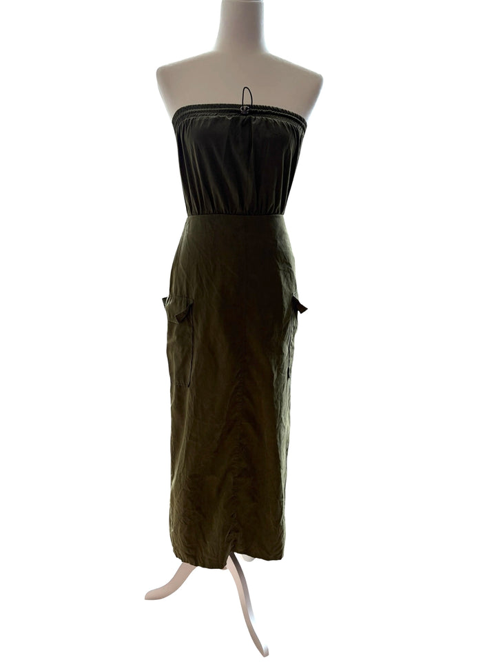 Forever 21 Olive Green Military Bandeau Midi Zip up women's dress, Size S