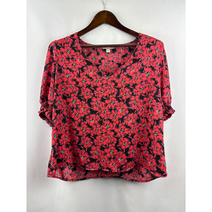 Women’s Allison Joy Large Black & Red Floral Short Sleeve Blouse