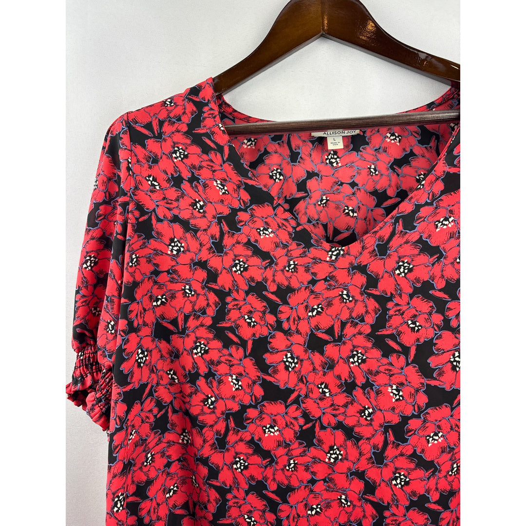 Women’s Allison Joy Large Black & Red Floral Short Sleeve Blouse