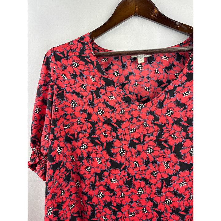 Women’s Allison Joy Large Black & Red Floral Short Sleeve Blouse