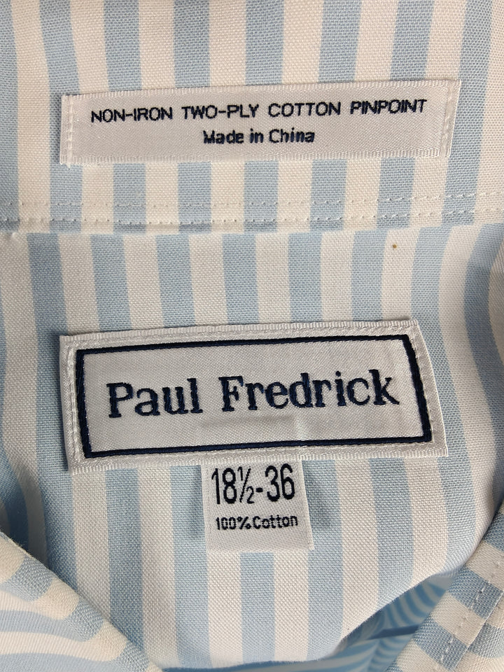 Paul Fredrick Men's 18.5-36 Blue White Stripe French Cuff Dress Shirt Non-Iron Cotton