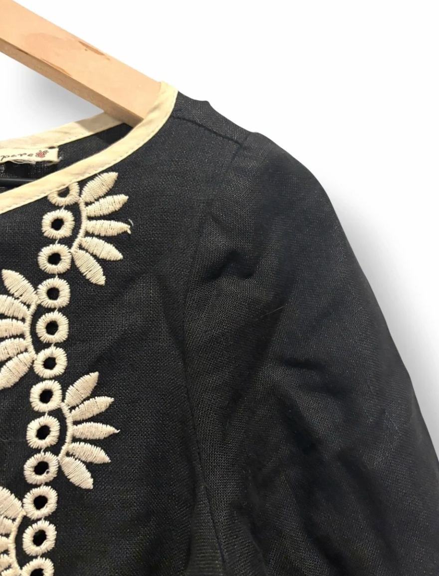Nanette Lepore Black Linen Cotton Embroidered Mini Dress Size 0 Bell Sleeve Boho