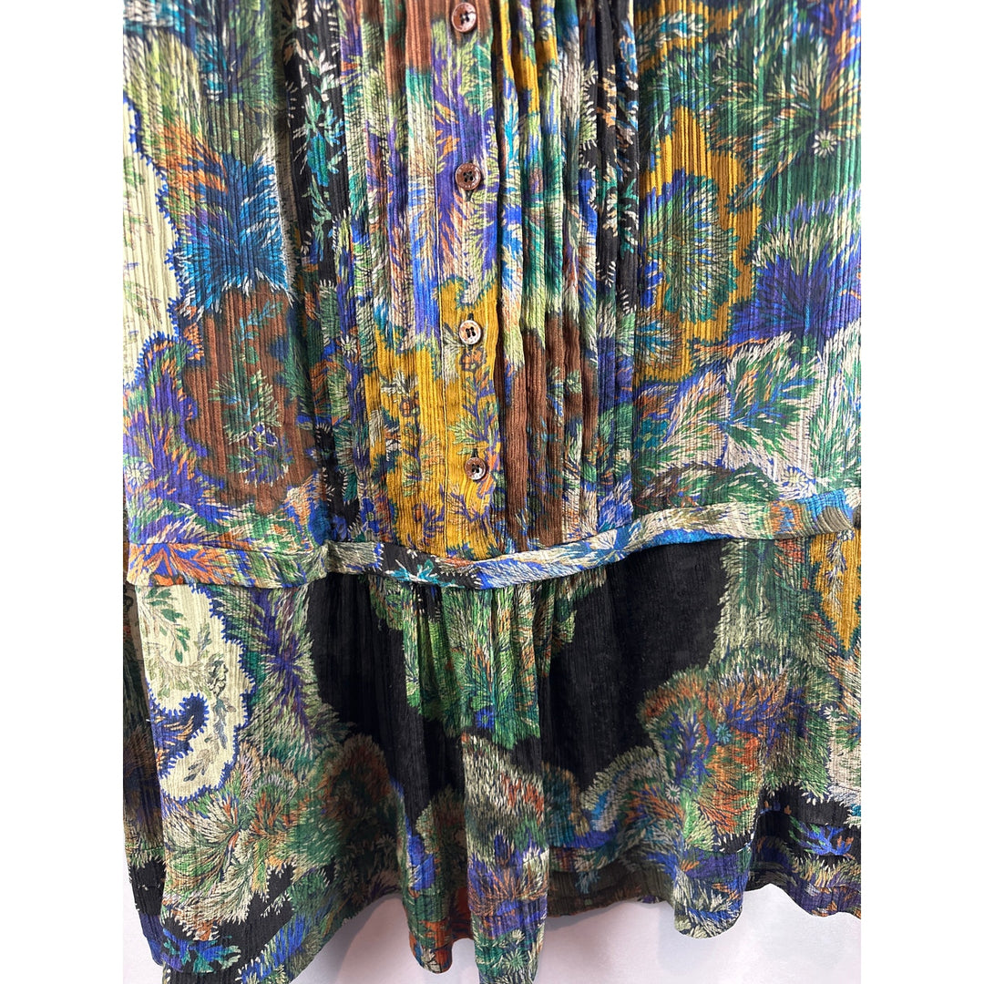 Women’s 100% Silk Etro Floral Pleated Long Sleeve Mini Dress Size L