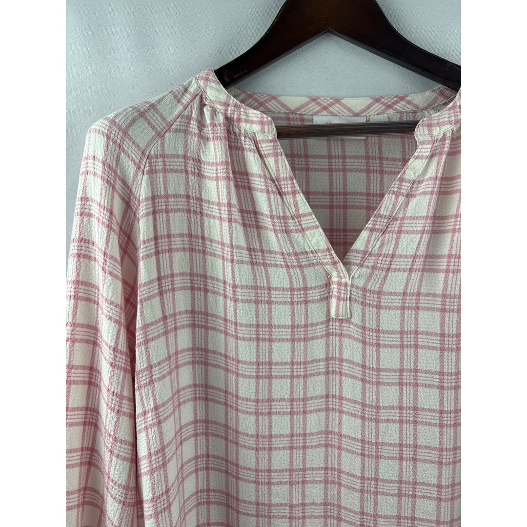 Women’s Belle by Kim Gravel Large White & Pink Plaid 3/4 Sleeve Blouse
