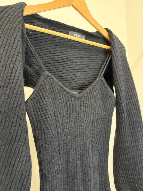 Cider 2 Piece Ribbed Knit Midi Dress Set With Shrug Black XL