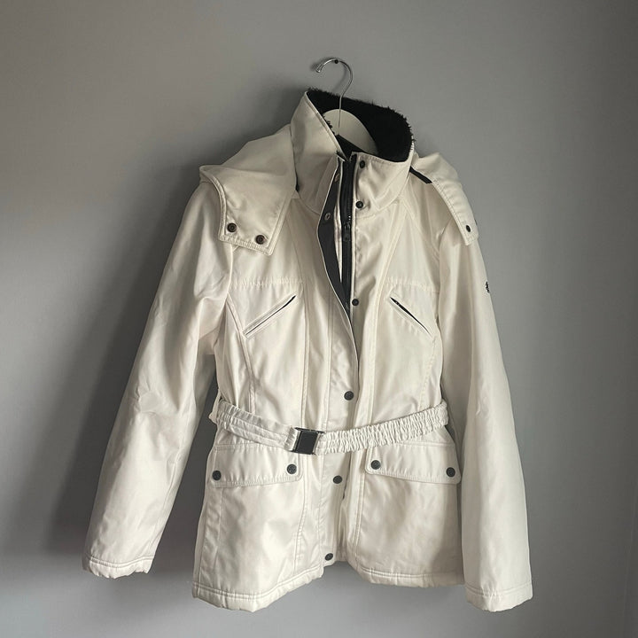 Jessica Simpson White Belted Puffer Coat Hood sz Large Minimalist Ski Jacket