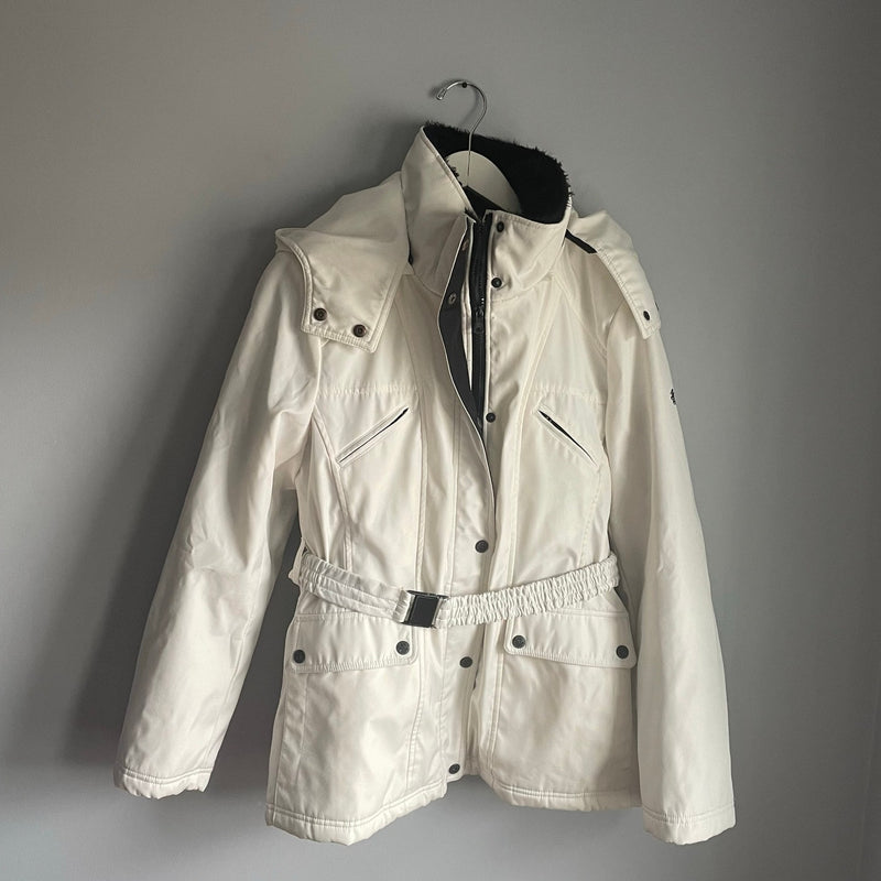 Jessica Simpson White Belted Puffer Coat Hood sz Large Minimalist Ski Jacket