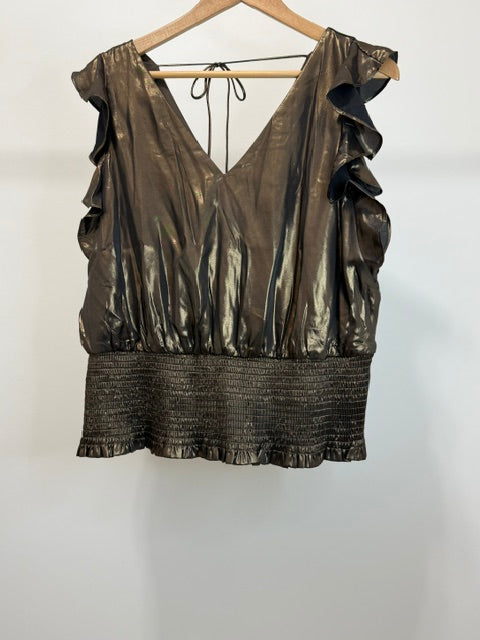 Nine West Metallic Bronze Smocked Waist Blouse SzXL