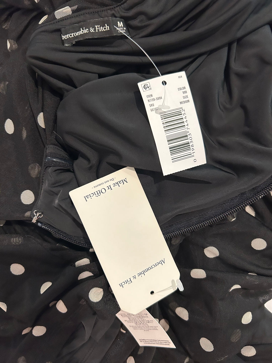 Abercrombie &amp; Fitch Women’s Mesh Draped off the Shoulder Maxi Dress Women’s Size Medium Black Polka Dot NEW!!