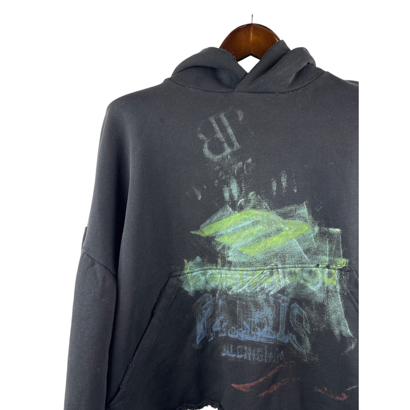 Unisex Balenciaga Size 2 Black Cropped Hoodie w/ Multicolor Abstract Design