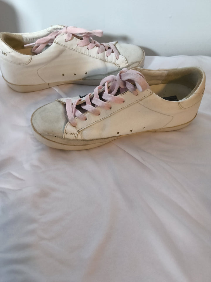 Golden Goose Super Star White Leather Sneakers Blush Pink Laces Size 37