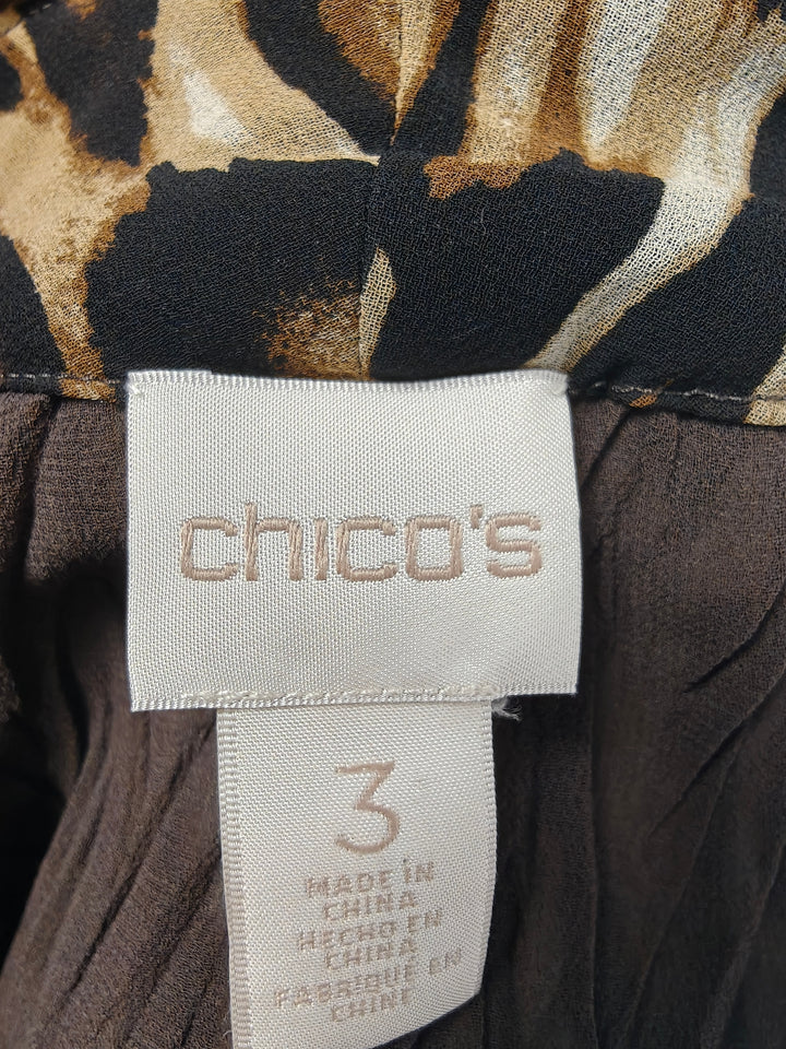 Chicos Leopard Print Sheer Blouse With Faux Fur Collar Brown Black Size 3