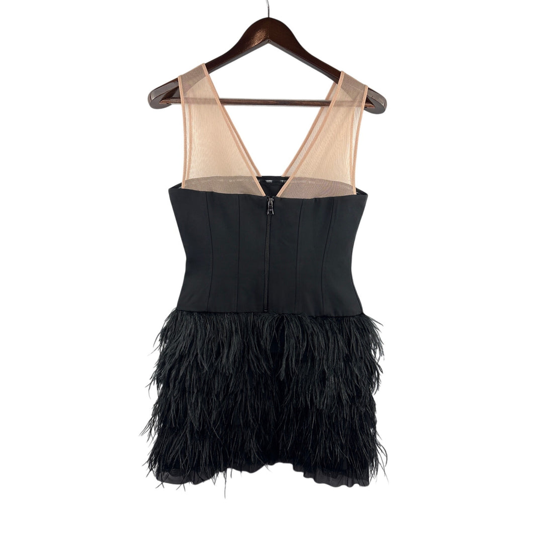 Women’s BCBG Maxazria Size 4 Black Corseted Mini Dress w/ Feathered Bottom