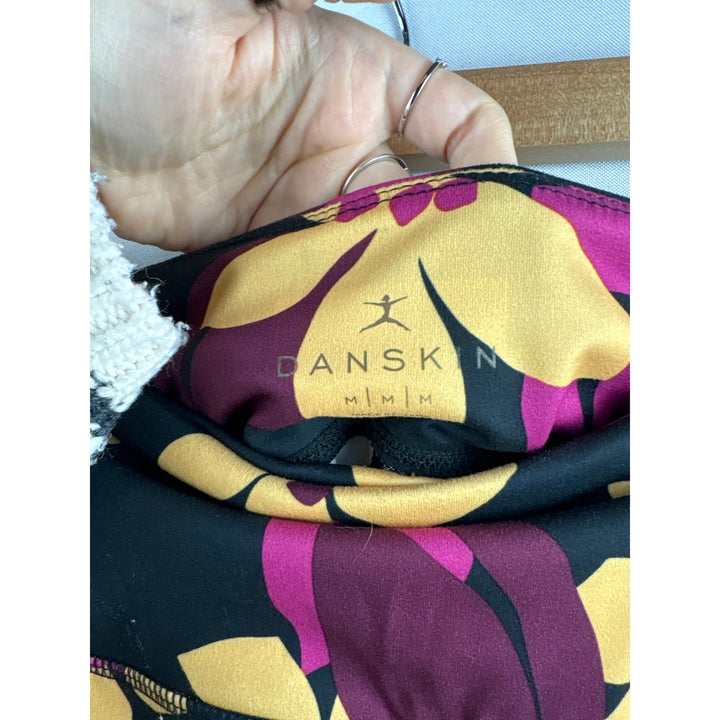 Women’s Danskin Medium Black Leggings w/ Yellow & Purple Florals
