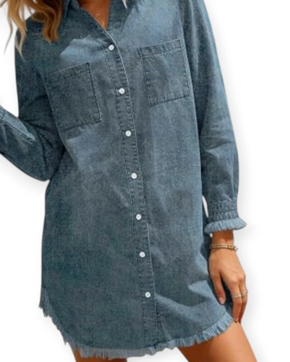 ZILCREMO Denim Shirt Dress Large Blue Frayed Hem Western Cowgirl Boho Chic