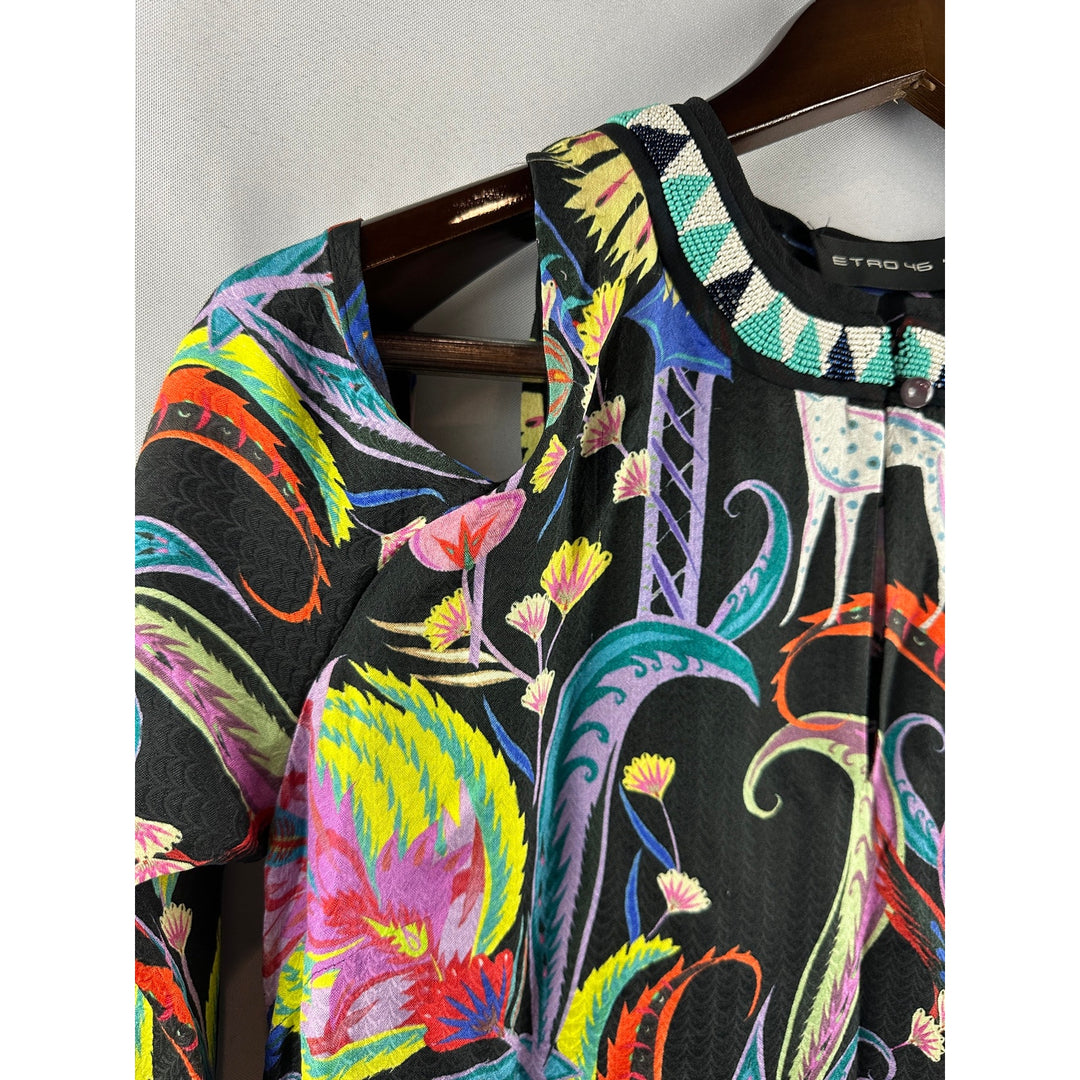 Women’s Etro Cold Shoulder Dress Black Floral and Animal Print Size L