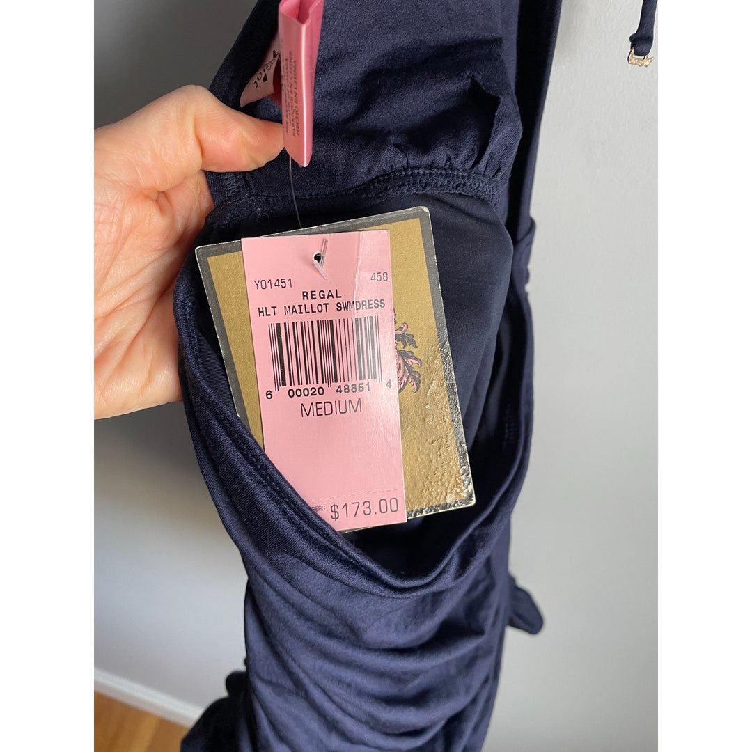 Juicy Couture Navy Blue One Piece Ruffle Ruched Bathing suit NWT Medium Y2K Skirt HLT Maillot Swimdress Beach Royalty Swim Suit