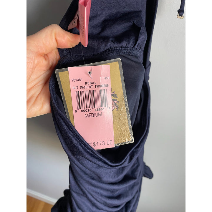 Juicy Couture Navy Blue One Piece Ruffle Ruched Bathing suit NWT Medium Y2K Skirt HLT Maillot Swimdress Beach Royalty Swim Suit
