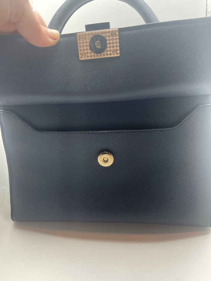 Dune London Navy Blue Structured Satchel Handbag Gold Hardware Women&