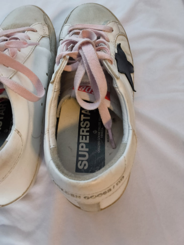 Golden Goose Super Star White Leather Sneakers Blush Pink Laces Size 37