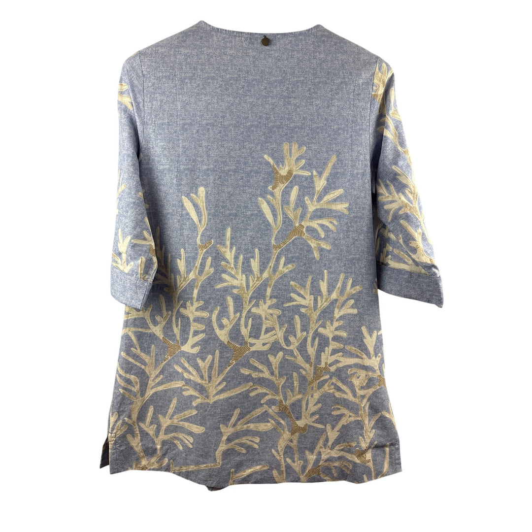Women’s Soft Surroundings Pale Blue w/ Tan Coral Patterned Long Blouse