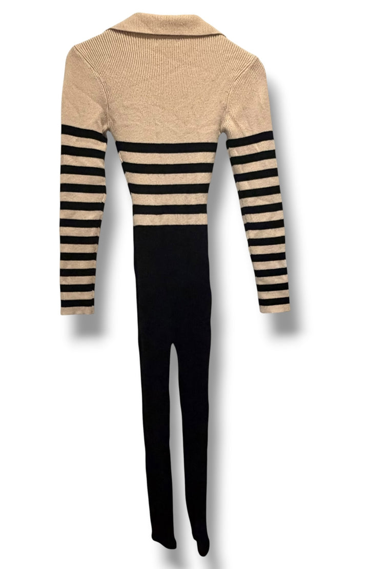 Fashion Nova Black Cream Striped Ribbed Knit Zip Front Jumpsuit Size Medium