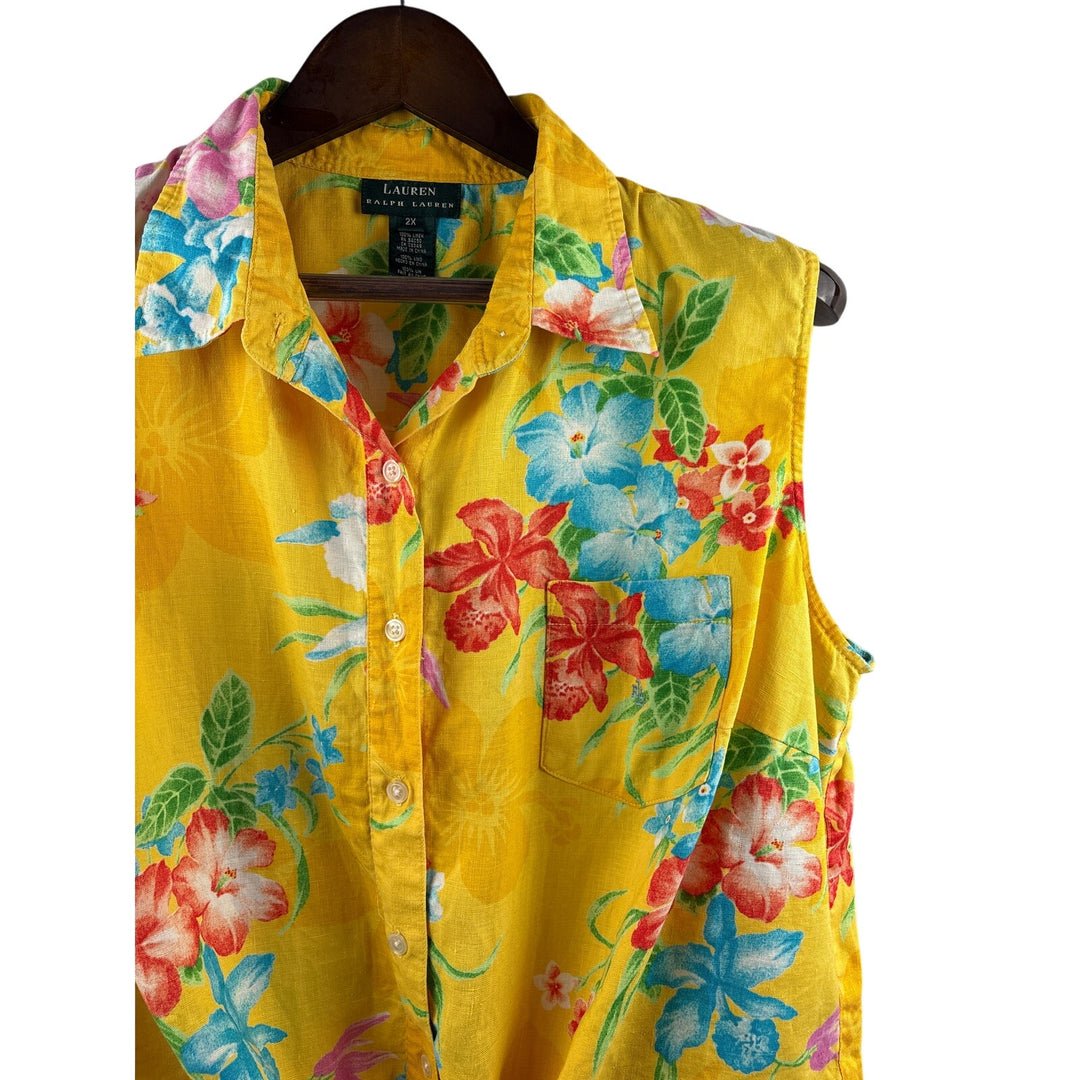 Women’s Green Label Ralph Lauren Size 2x Yellow Sleeveless Blouse w/ Multicolor Florals