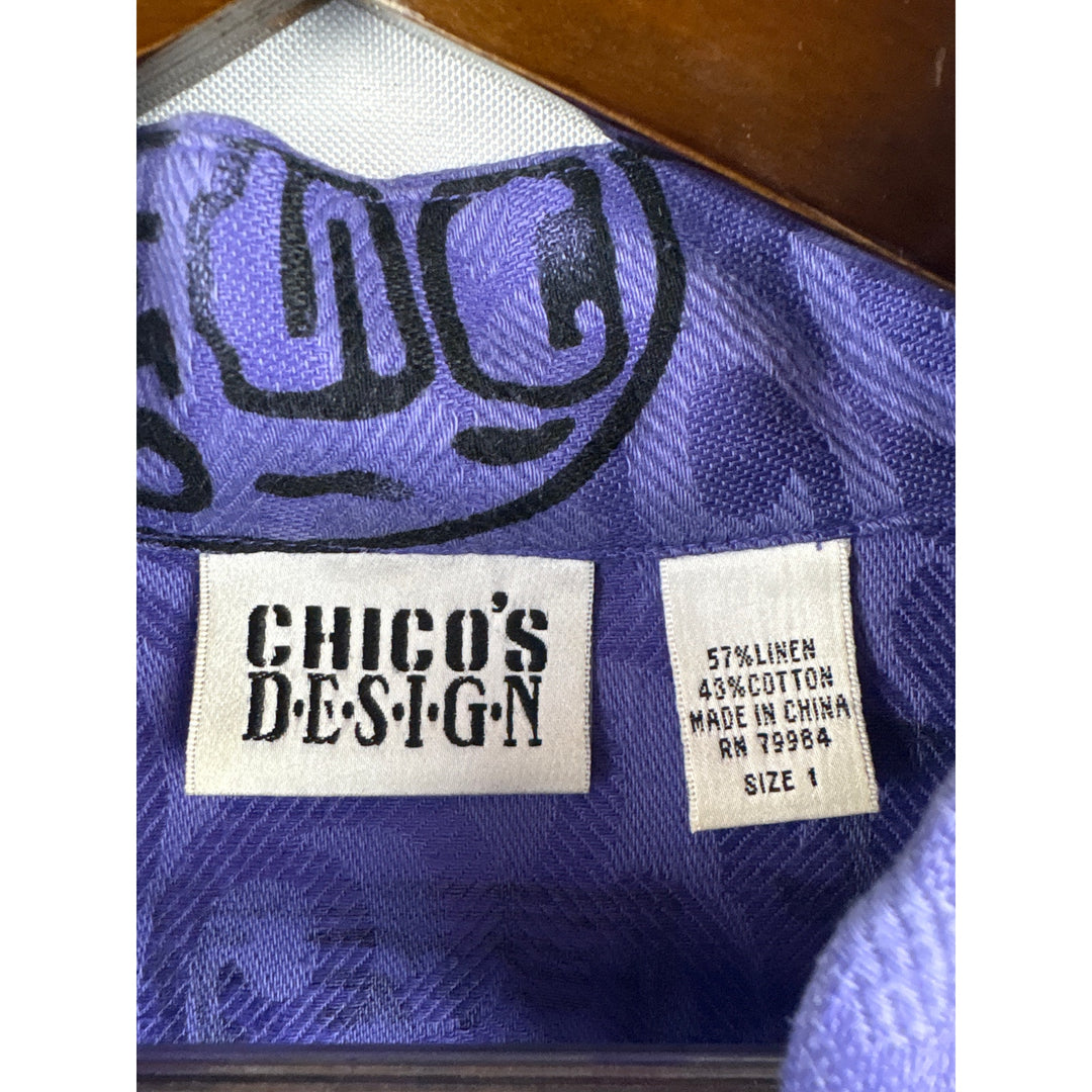 Women’s Chico’s Design Size 1 Purple Button Up w/ Black Abstract Patterns