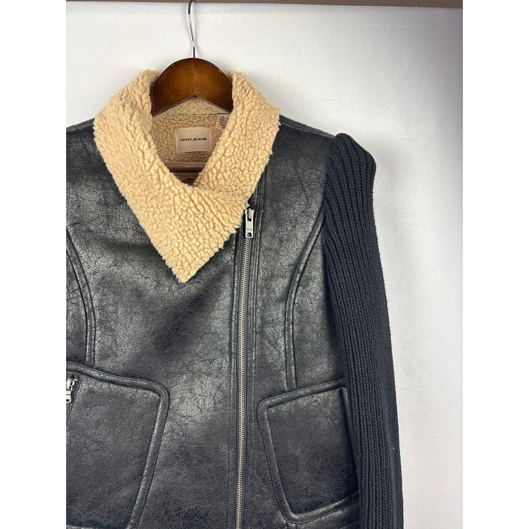 Women’s DKNY Jeans XS Black Suede Jacket w/ Knit Sleeves & Fur Lined