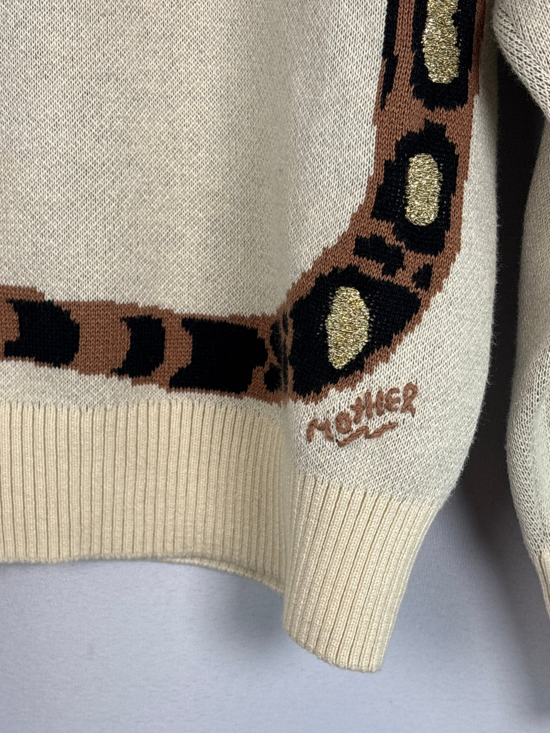 Cream Cheetah Jacquard Knit Crewneck Cotton Sweater For Women