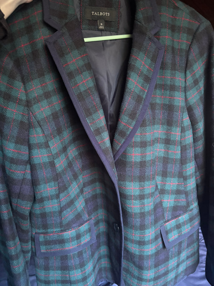 Talbots Black Watch Tartan Plaid Wool Blend Blazer Jacket Size 16 Navy Green